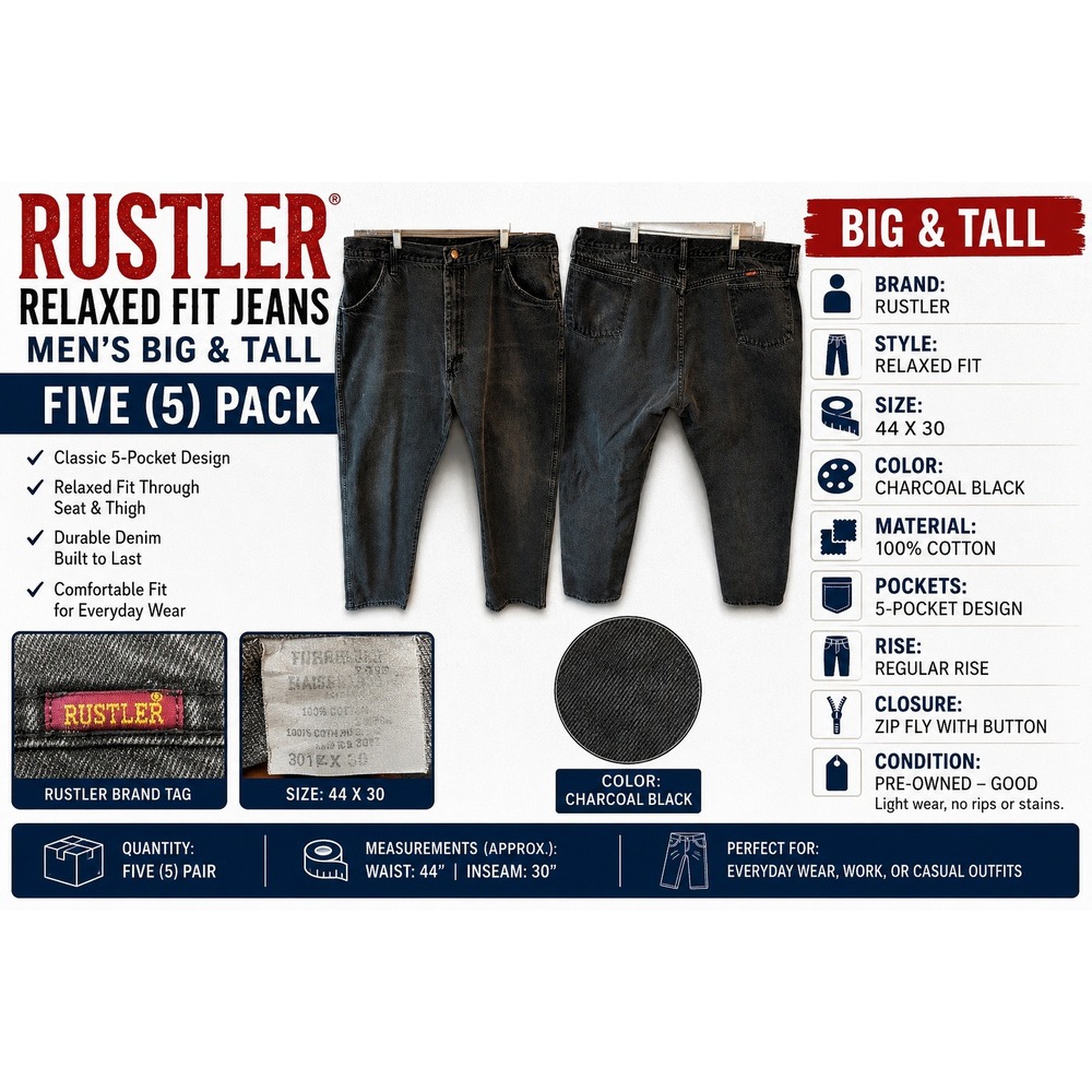 Vintage Rustler Mens Faded Black Denim Jeans Straight Leg 42x28 Workwear